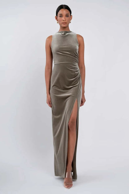Elegant Sheath High Neck Sleeveless Ruched Slit Sage Green Floor-Length Bridesmaid Gown