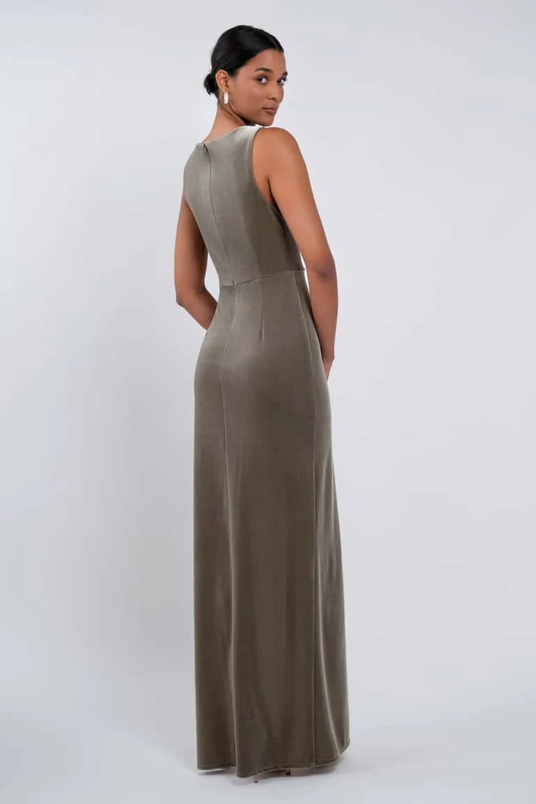Elegant Sheath High Neck Sleeveless Ruched Slit Sage Green Floor-Length Bridesmaid Gown