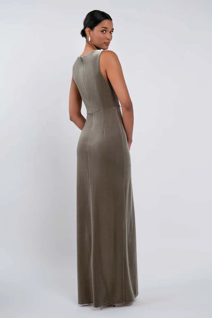 Elegant Sheath High Neck Sleeveless Ruched Slit Sage Green Floor-Length Bridesmaid Gown