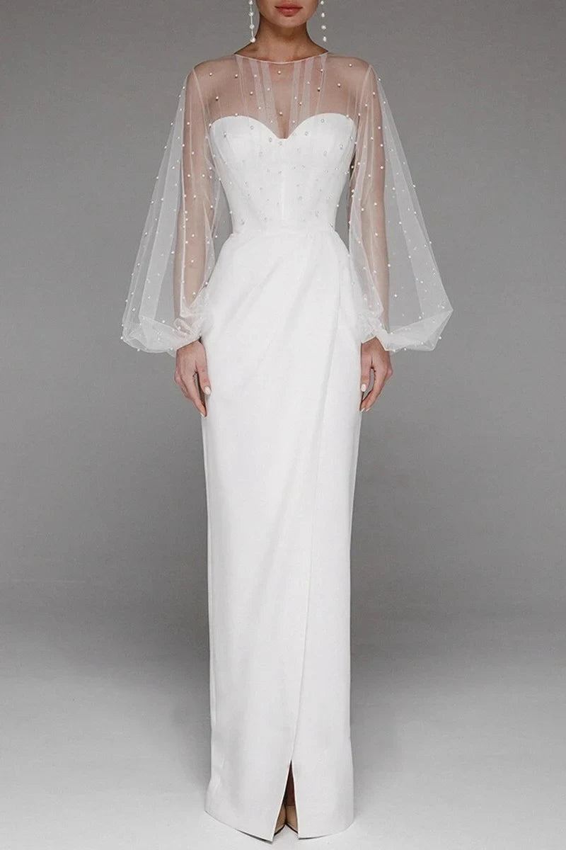 Elegant Sheath Illusion Sweetheart Pearl Long Sleeve Ivory Floor-Length Wedding Gown