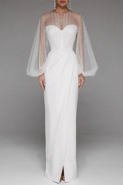 Elegant Sheath Illusion Sweetheart Pearl Long Sleeve Ivory Floor-Length Wedding Gown