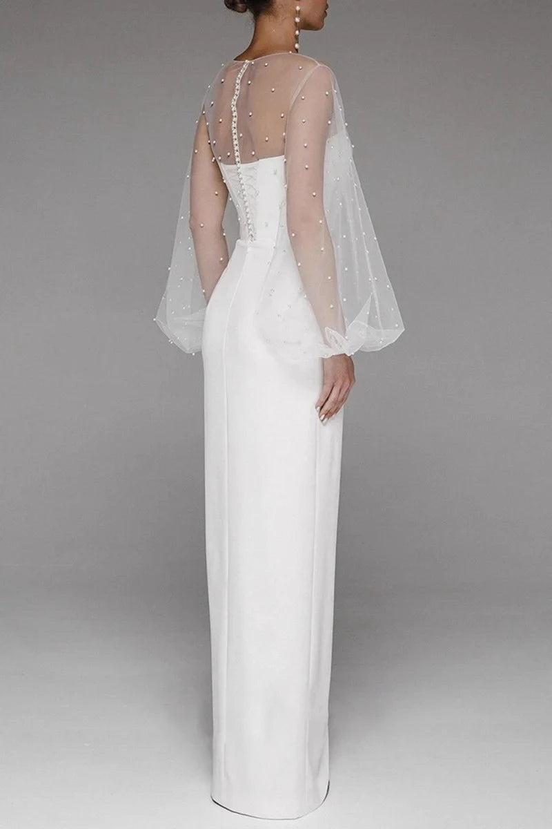 Elegant Sheath Illusion Sweetheart Pearl Long Sleeve Ivory Floor-Length Wedding Gown