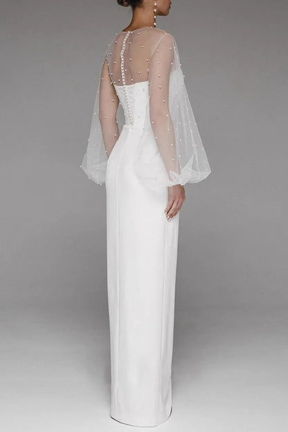 Elegant Sheath Illusion Sweetheart Pearl Long Sleeve Ivory Floor-Length Wedding Gown