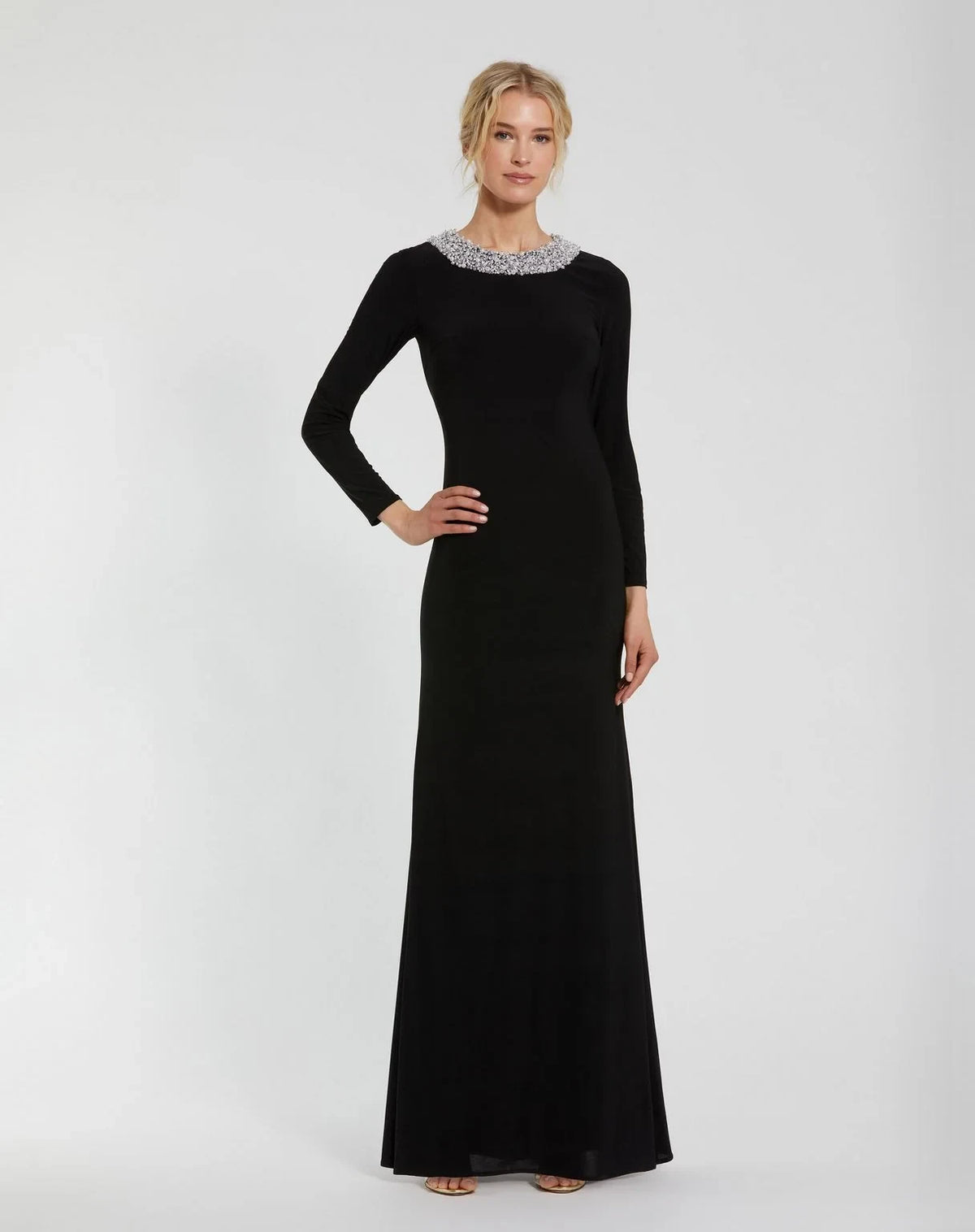 Elegant Sheath Jewel-Neck Long-Sleeve Beaded Black Mother Of The Bride Dress