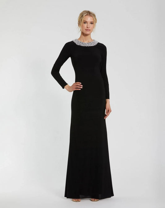 Elegant Sheath Jewel-Neck Long-Sleeve Beaded Black Mother Of The Bride Dress