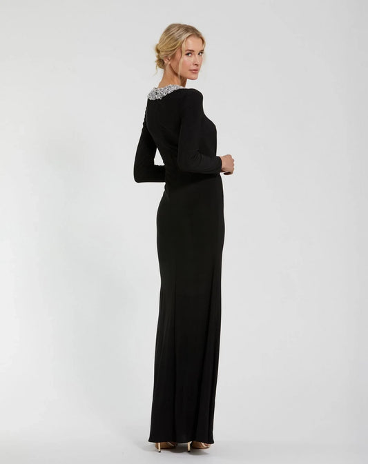 Elegant Sheath Jewel-Neck Long-Sleeve Beaded Black Mother Of The Bride Dress
