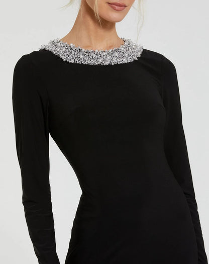 Elegant Sheath Jewel-Neck Long-Sleeve Beaded Black Mother Of The Bride Dress