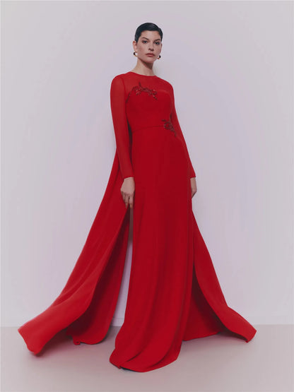 Elegant Sheath Jewel-Neck Long-Sleeve Beaded Cape Red Floor-Length Evening Dresses Women