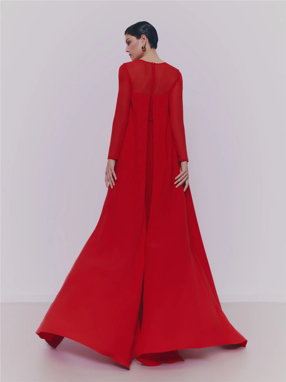 Elegant Sheath Jewel-Neck Long-Sleeve Beaded Cape Red Floor-Length Evening Dresses Women