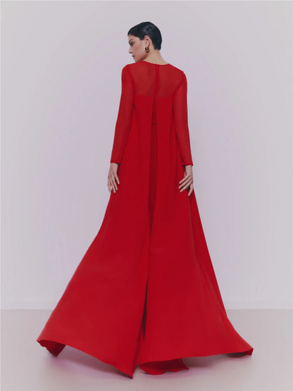 Elegant Sheath Jewel-Neck Long-Sleeve Beaded Cape Red Floor-Length Evening Dresses Women