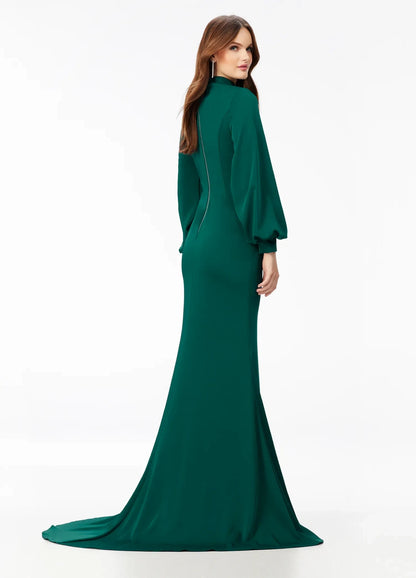 Elegant Sheath Mock Neck Long Sleeve Chic Emerald Green Floor-Length Evening Gown