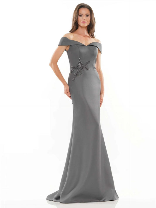 Elegant Sheath Off-Shoulder Beaded Chic Charcoal Floor-Length Mother of the Bride Gown