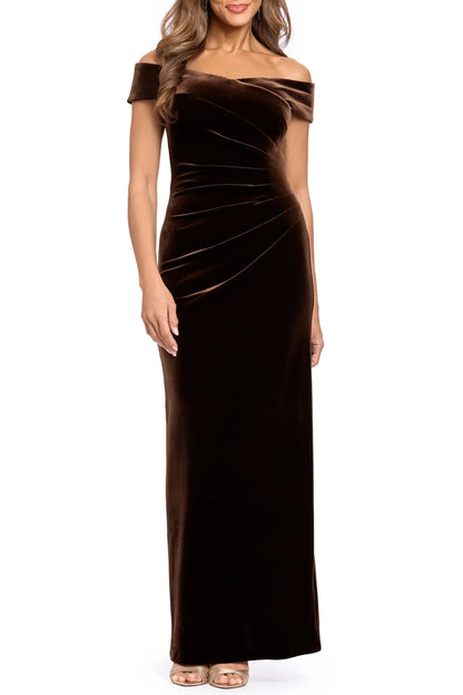 Elegant Sheath Off-Shoulder Draped Chocolate Floor-Length Mother of the Bride Gown