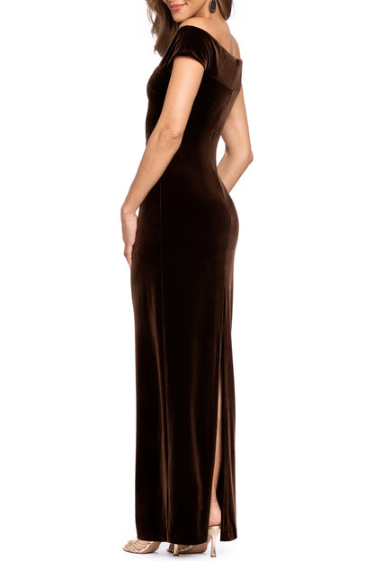 Elegant Sheath Off-Shoulder Draped Chocolate Floor-Length Mother of the Bride Gown
