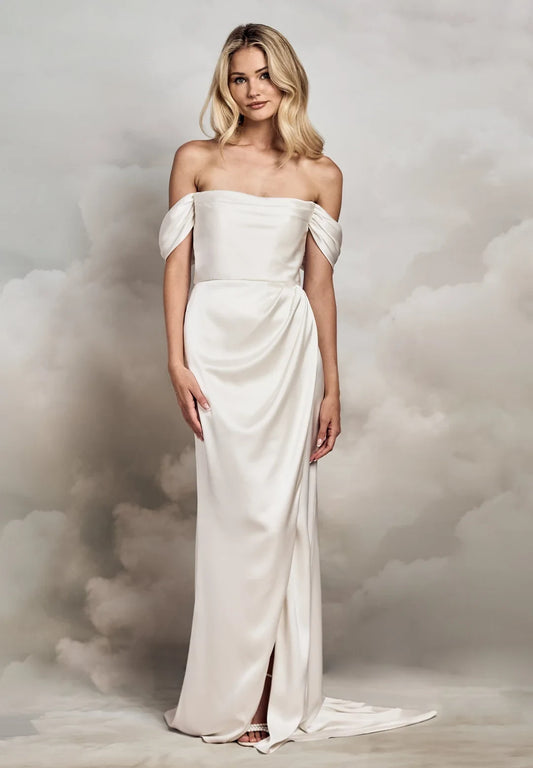 Elegant Sheath Off-Shoulder Draped Slit Ivory Floor-Length Prom Gown