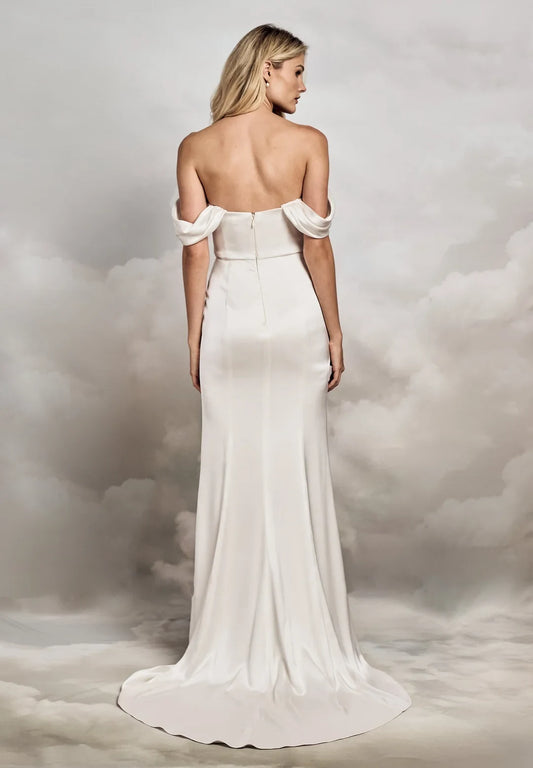 Elegant Sheath Off-Shoulder Draped Slit Ivory Floor-Length Prom Gown