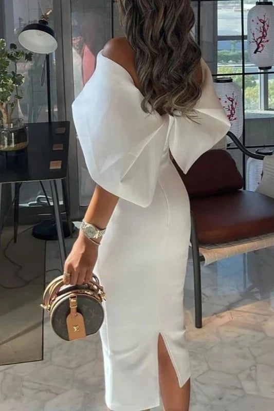 Elegant Sheath Off-Shoulder Draped Slit White Midi Prom Dresses Women's Gown