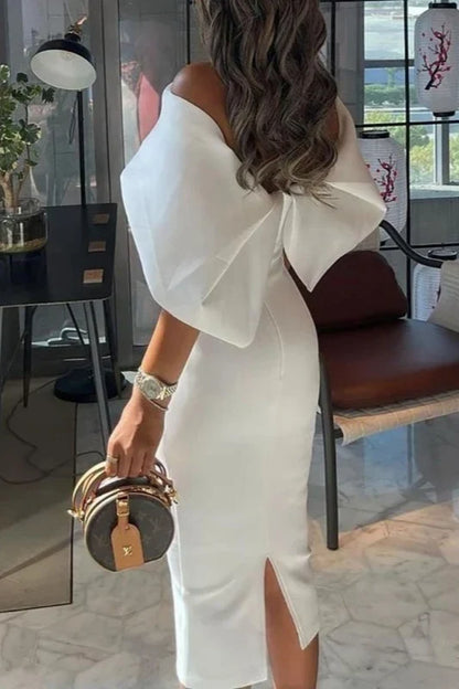 Elegant Sheath Off-Shoulder Draped Slit White Midi Prom Dresses Women's Gown