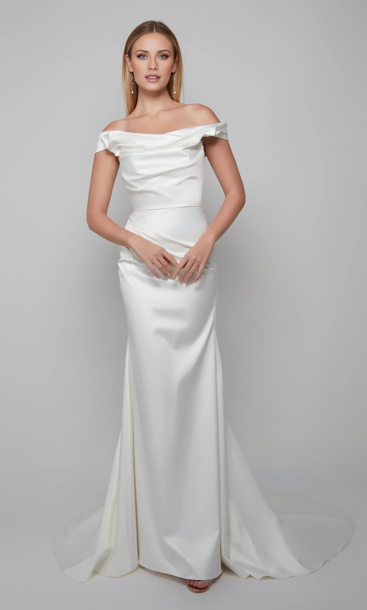Elegant Sheath Off-Shoulder Draped Sophisticated White Floor-Length Wedding Gown for Brides