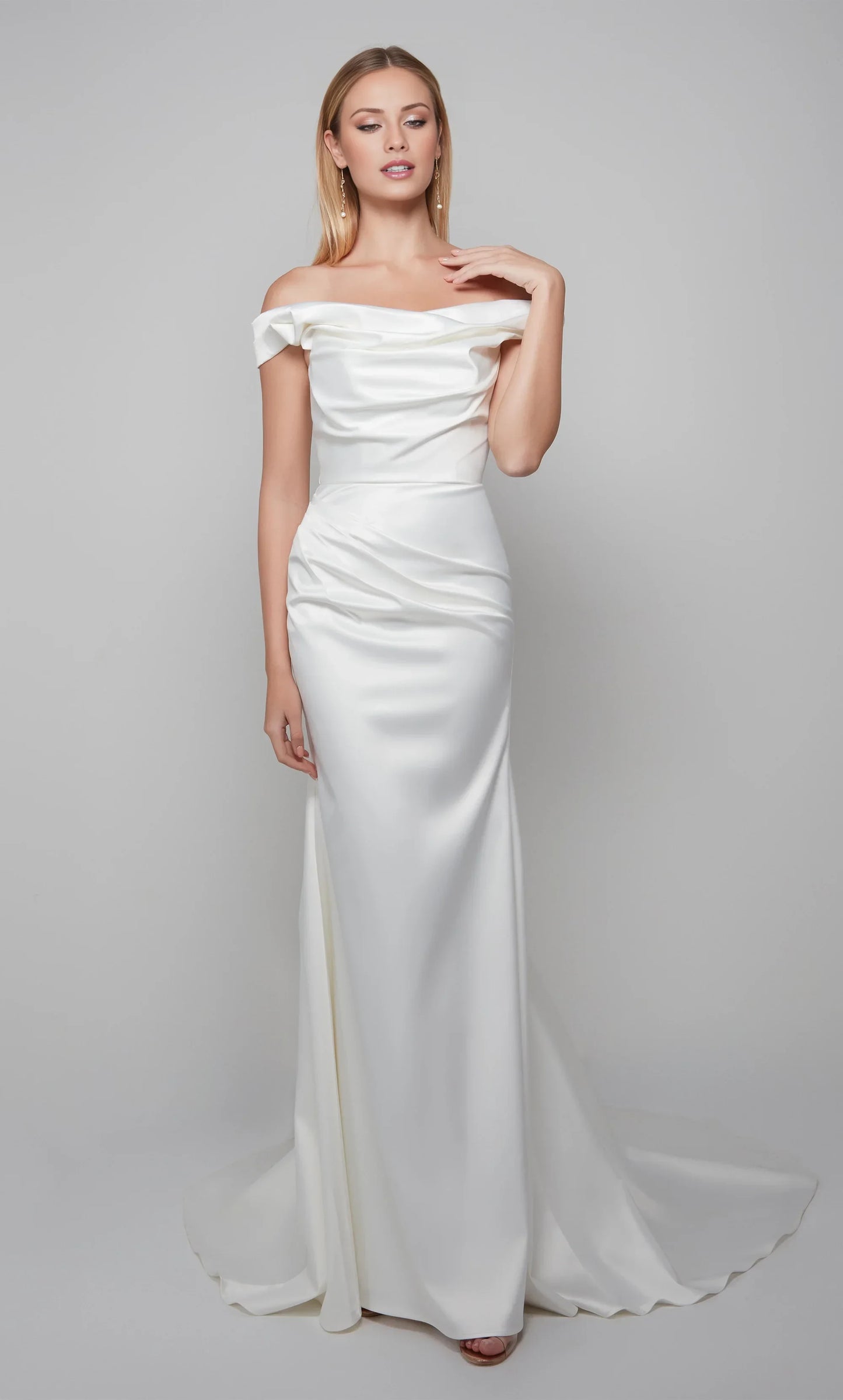 Elegant Sheath Off-Shoulder Draped Sophisticated White Floor-Length Wedding Gown for Brides
