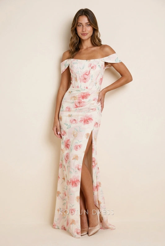 Elegant Sheath Off-Shoulder Floral Print High Slit Light Beige Floor-Length Prom Dresses