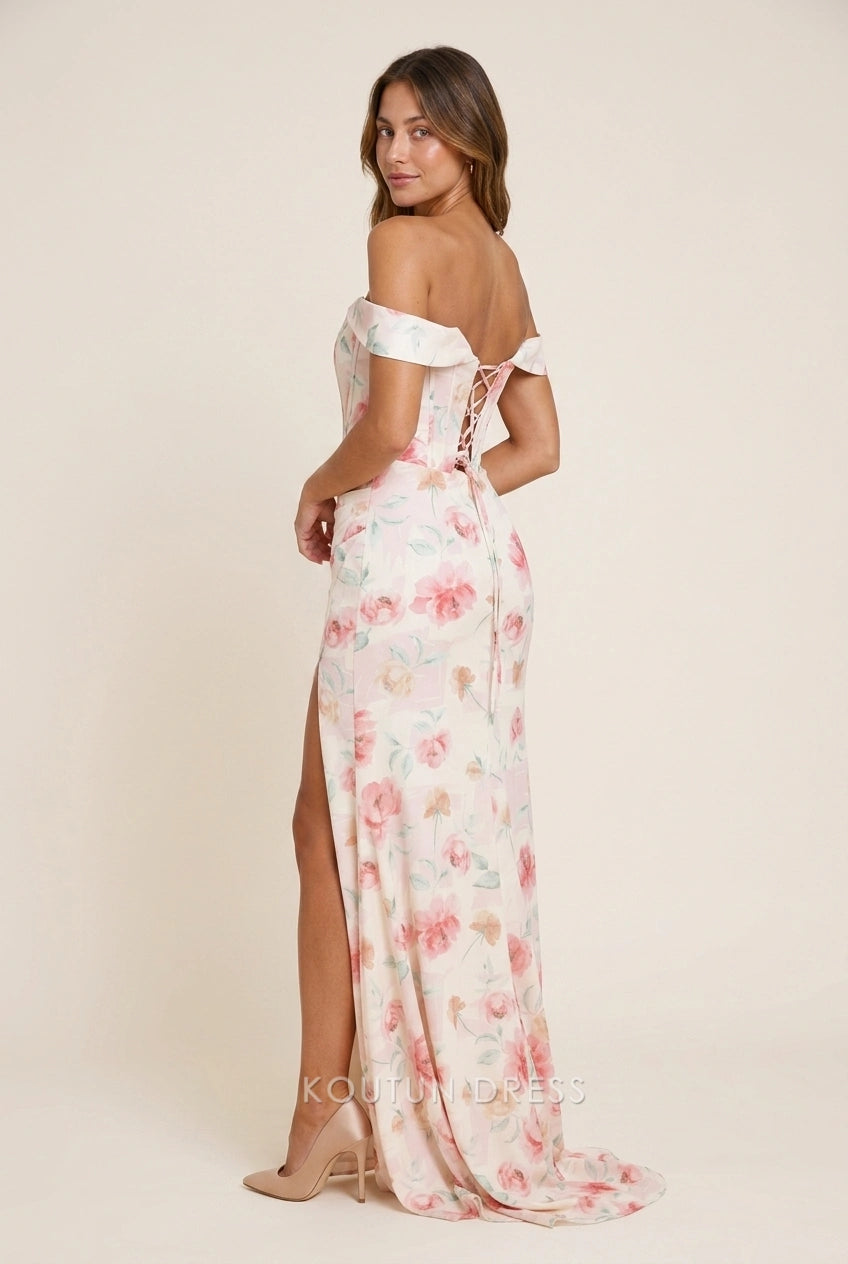 Elegant Sheath Off-Shoulder Floral Print High Slit Light Beige Floor-Length Prom Dresses