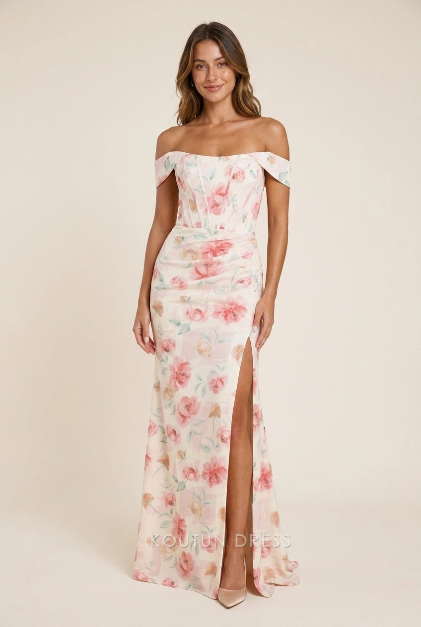 Elegant Sheath Off-Shoulder Floral Print High Slit Light Beige Floor-Length Prom Dresses