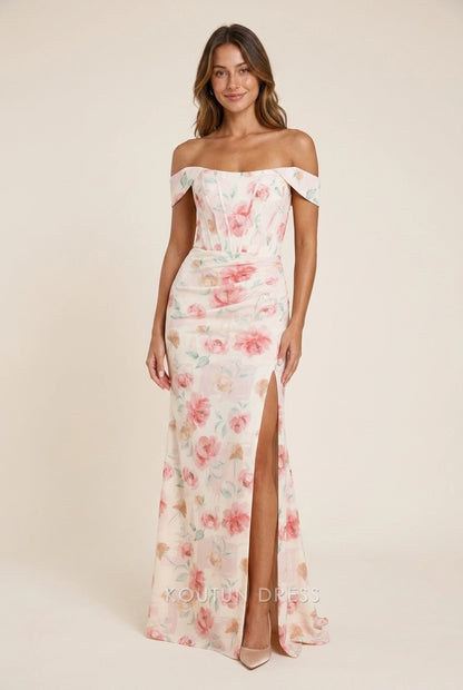 Elegant Sheath Off-Shoulder Floral Print High Slit Light Beige Floor-Length Prom Dresses