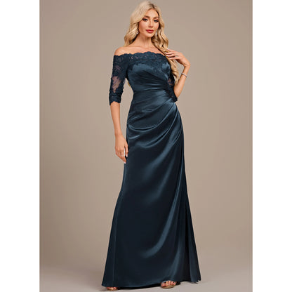 Elegant Sheath Off-Shoulder Lace Ruched Deep Teal Floor-Length Mother of the Bride Gown