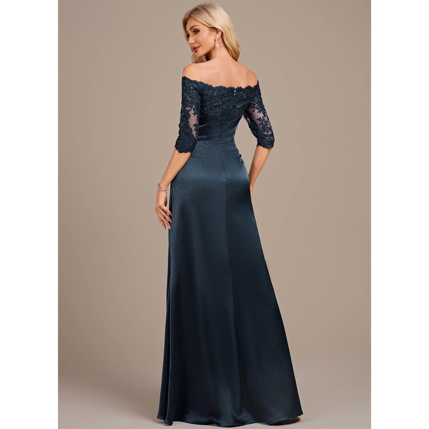 Elegant Sheath Off-Shoulder Lace Ruched Deep Teal Floor-Length Mother of the Bride Gown