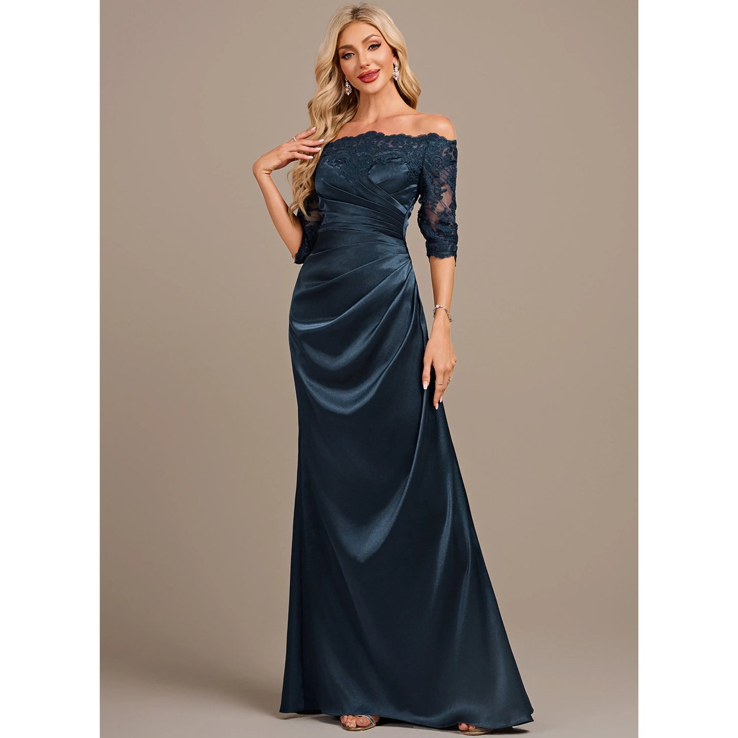 Elegant Sheath Off-Shoulder Lace Ruched Deep Teal Floor-Length Mother of the Bride Gown