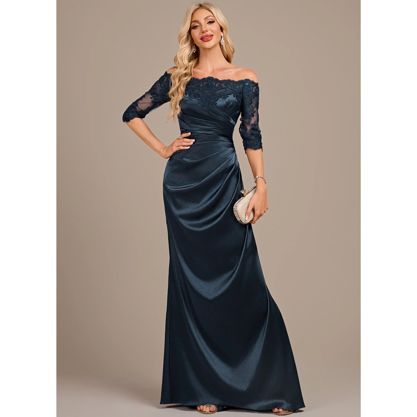 Elegant Sheath Off-Shoulder Lace Ruched Deep Teal Floor-Length Mother of the Bride Gown