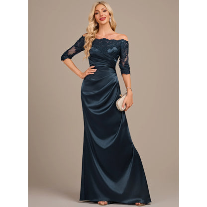 Elegant Sheath Off-Shoulder Lace Ruched Deep Teal Floor-Length Mother of the Bride Gown