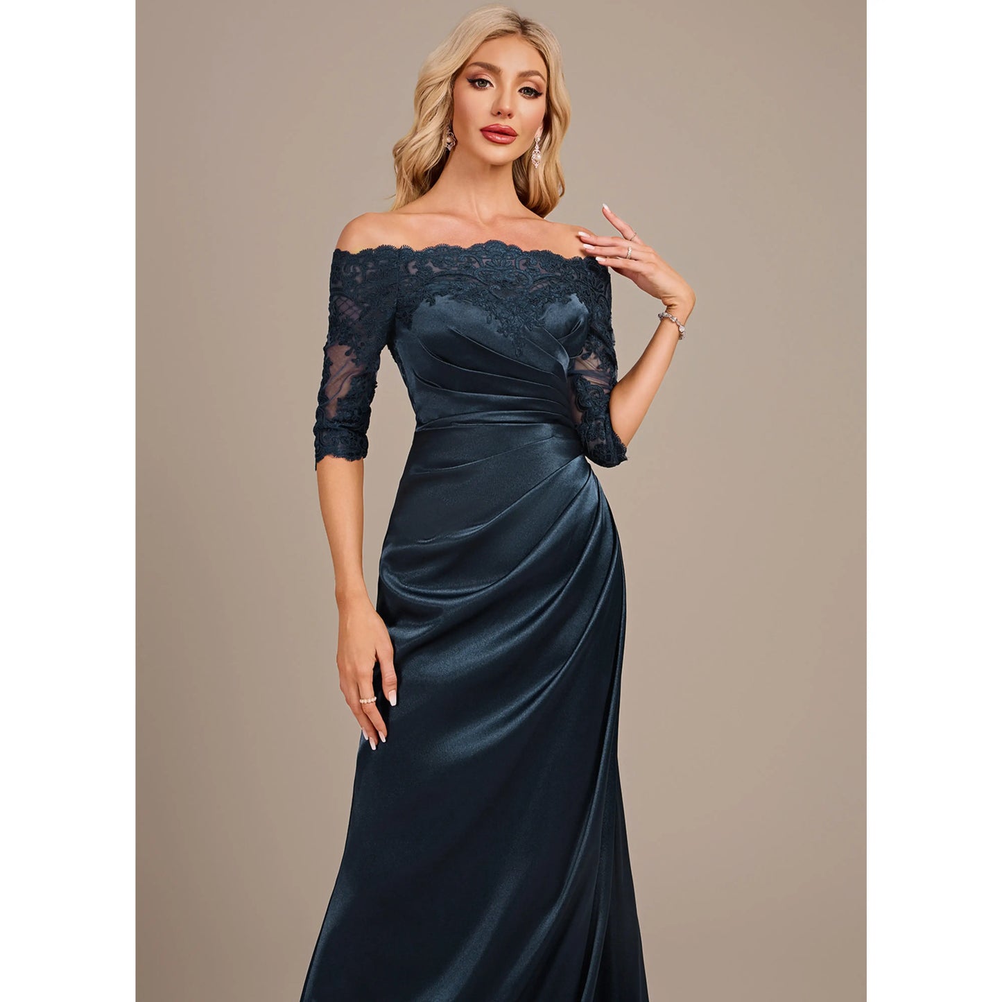 Elegant Sheath Off-Shoulder Lace Ruched Deep Teal Floor-Length Mother of the Bride Gown