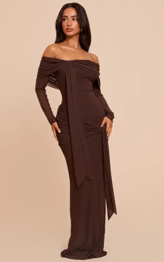 Elegant Sheath Off-Shoulder Long-Sleeve Ruched Brown Maxi Evening Dresses Women Gown