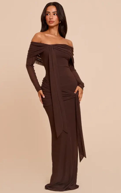 Elegant Sheath Off-Shoulder Long-Sleeve Ruched Brown Maxi Evening Dresses Women Gown