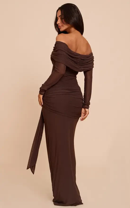Elegant Sheath Off-Shoulder Long-Sleeve Ruched Brown Maxi Evening Dresses Women Gown