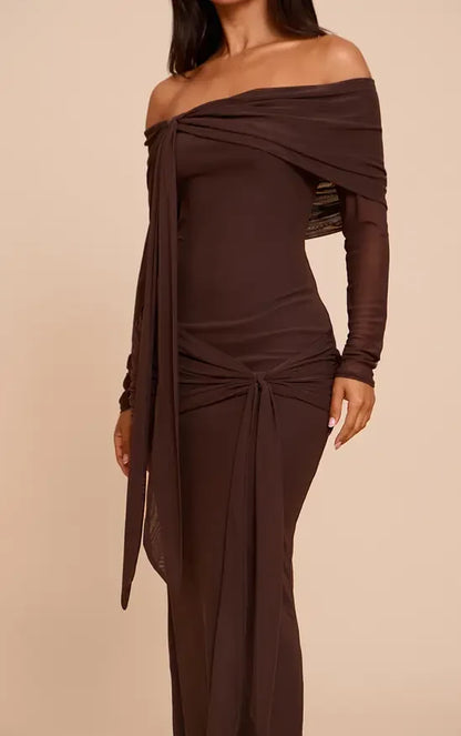Elegant Sheath Off-Shoulder Long-Sleeve Ruched Brown Maxi Evening Dresses Women Gown