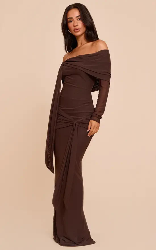 Elegant Sheath Off-Shoulder Long-Sleeve Ruched Brown Maxi Evening Dresses Women Gown