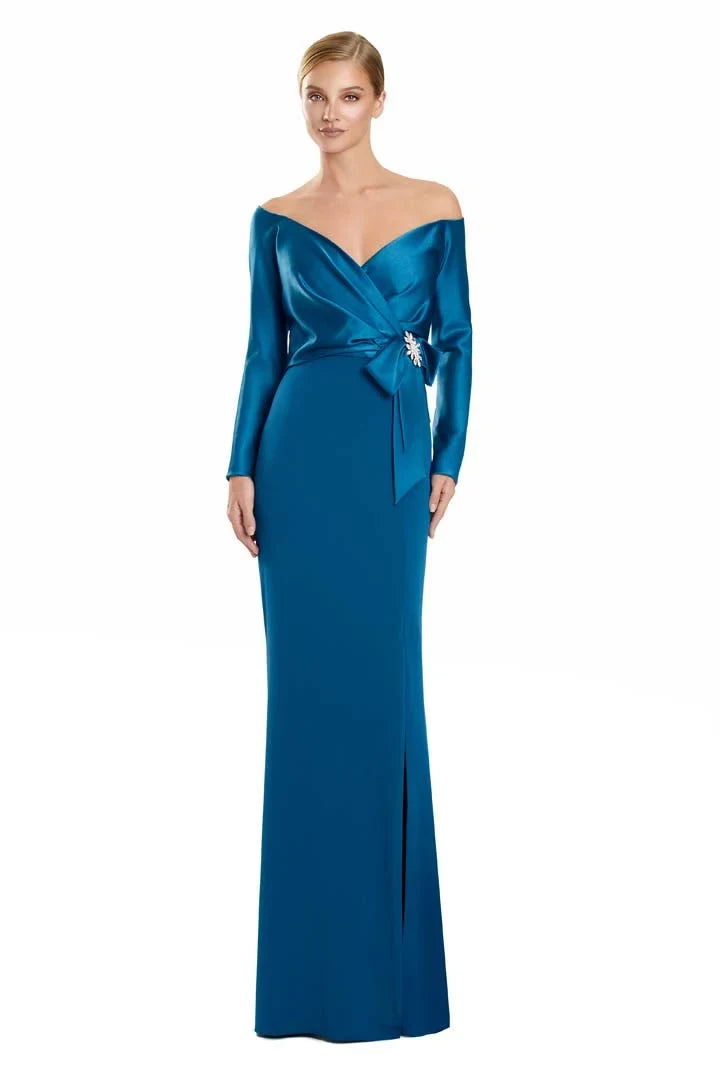 Elegant Sheath Off-Shoulder Long Sleeve Draped Teal Floor-Length Mother of the Bride Dress