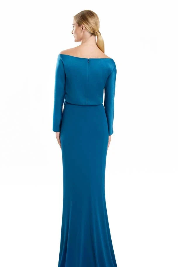 Elegant Sheath Off-Shoulder Long Sleeve Draped Teal Floor-Length Mother of the Bride Dress