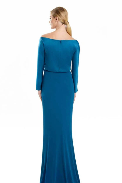 Elegant Sheath Off-Shoulder Long Sleeve Draped Teal Floor-Length Mother of the Bride Dress