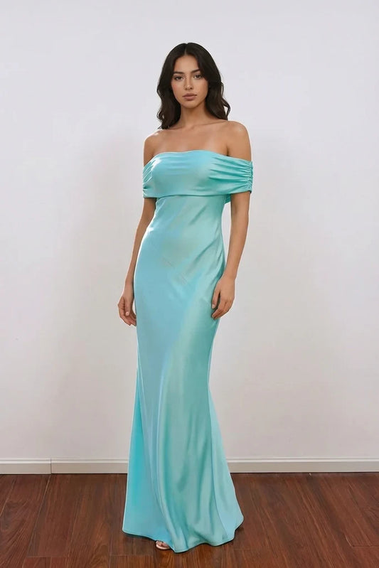 Elegant Sheath Off-Shoulder Ruched Aqua Long Prom Dress Women's Gown