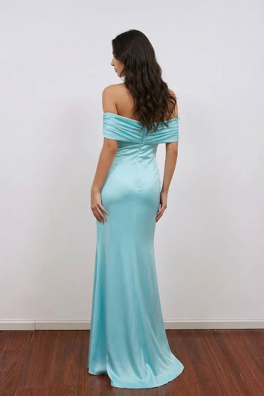 Elegant Sheath Off-Shoulder Ruched Aqua Long Prom Dress Women's Gown