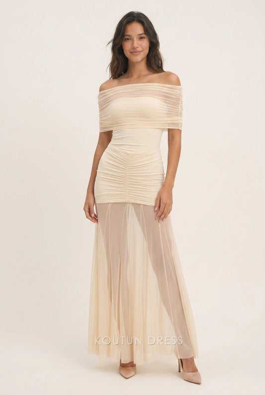 Elegant Sheath Off-Shoulder Ruched Sheer Light Beige Floor-Length Prom Dresses
