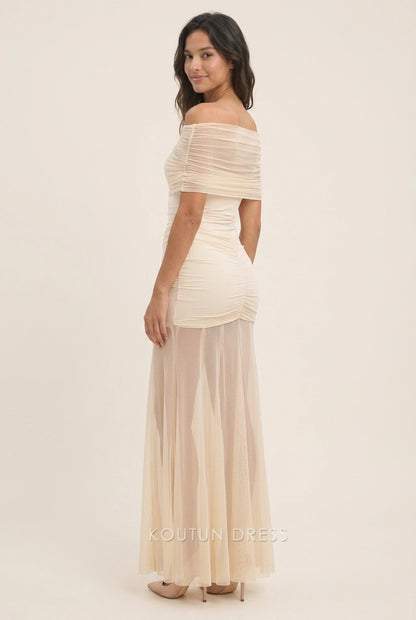 Elegant Sheath Off-Shoulder Ruched Sheer Light Beige Floor-Length Prom Dresses