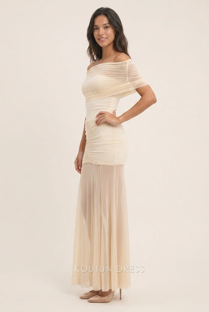 Elegant Sheath Off-Shoulder Ruched Sheer Light Beige Floor-Length Prom Dresses