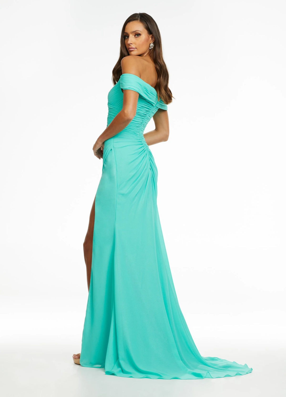 Elegant Sheath Off-Shoulder Ruched Slit Mint Green Floor-Length Evening Gown