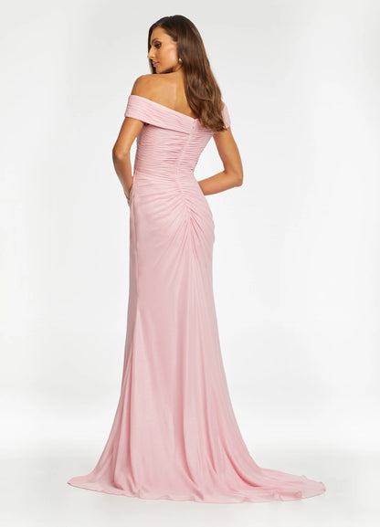 Elegant Sheath Off-Shoulder Ruched Slit Mint Green Floor-Length Evening Gown