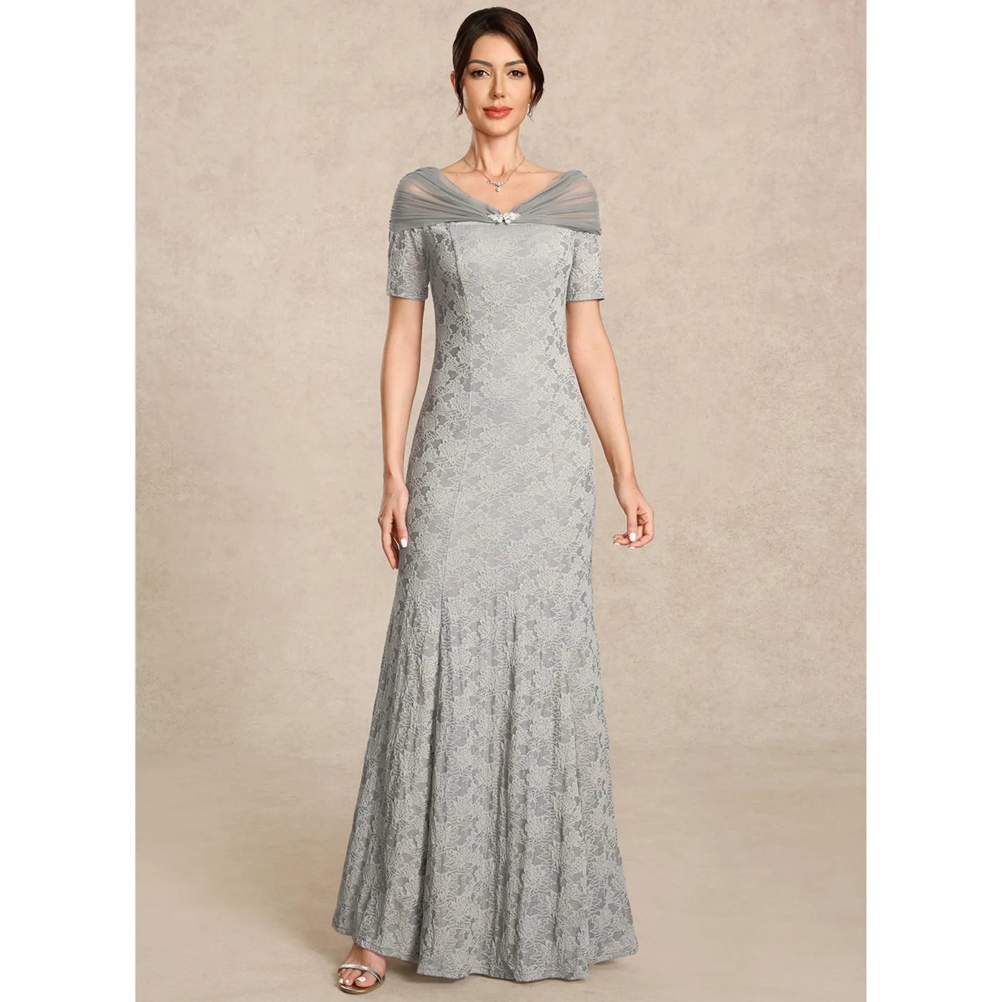 Elegant Sheath Off-Shoulder Short Sleeve Draped Grey Floor-Length Mother of the Bride Gown